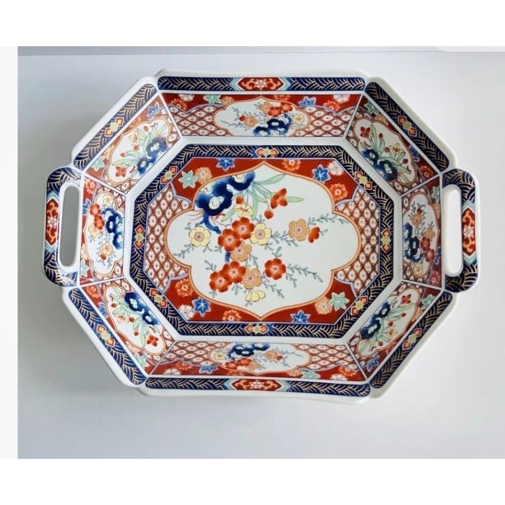 Japanese Imari Octagonal Serving Bowl With Double Handle 12" x 9"